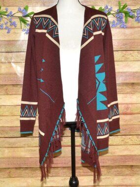 Giddy Up Glamour Cardigan Womens S Aztec Southwestern Open Front Fringe Fall